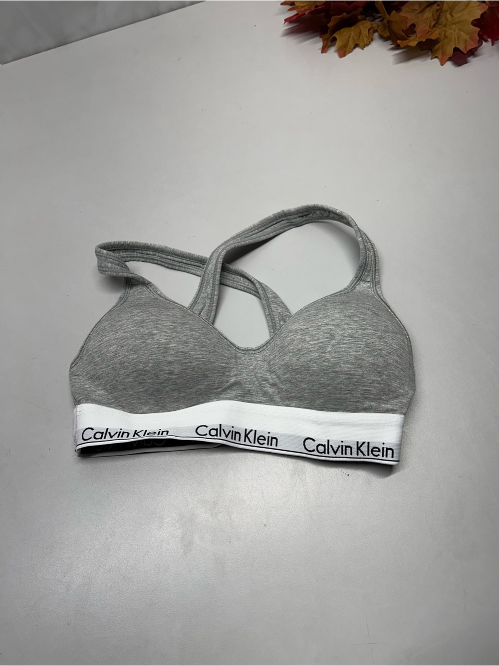 Calvin Klein Heather Gray Sports Bralette with White Logo Band
